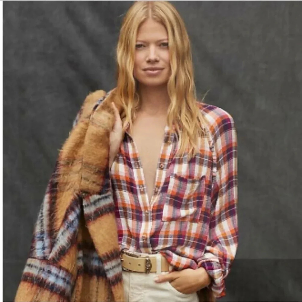 PILCRO Anthropologie Plaid Flannel Button Down Shirt Western Boho Ruffle Trim M - Picture 2 of 16